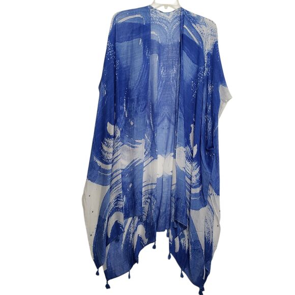 Beautiful Swimsuit Cover, Blue / White with Tassels. 100% Viscose, One Size - Picture 1 of 8